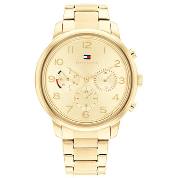Γυναικείο ρολόι Tommy Hilfiger Isabel 1782525, με μπρασελέ σε χρυσό χρώμα από ανοξείδωτο ατσάλι και χρυσό καντράν με χρονογράφους και δείκτες σε χρυσό χρώμα.